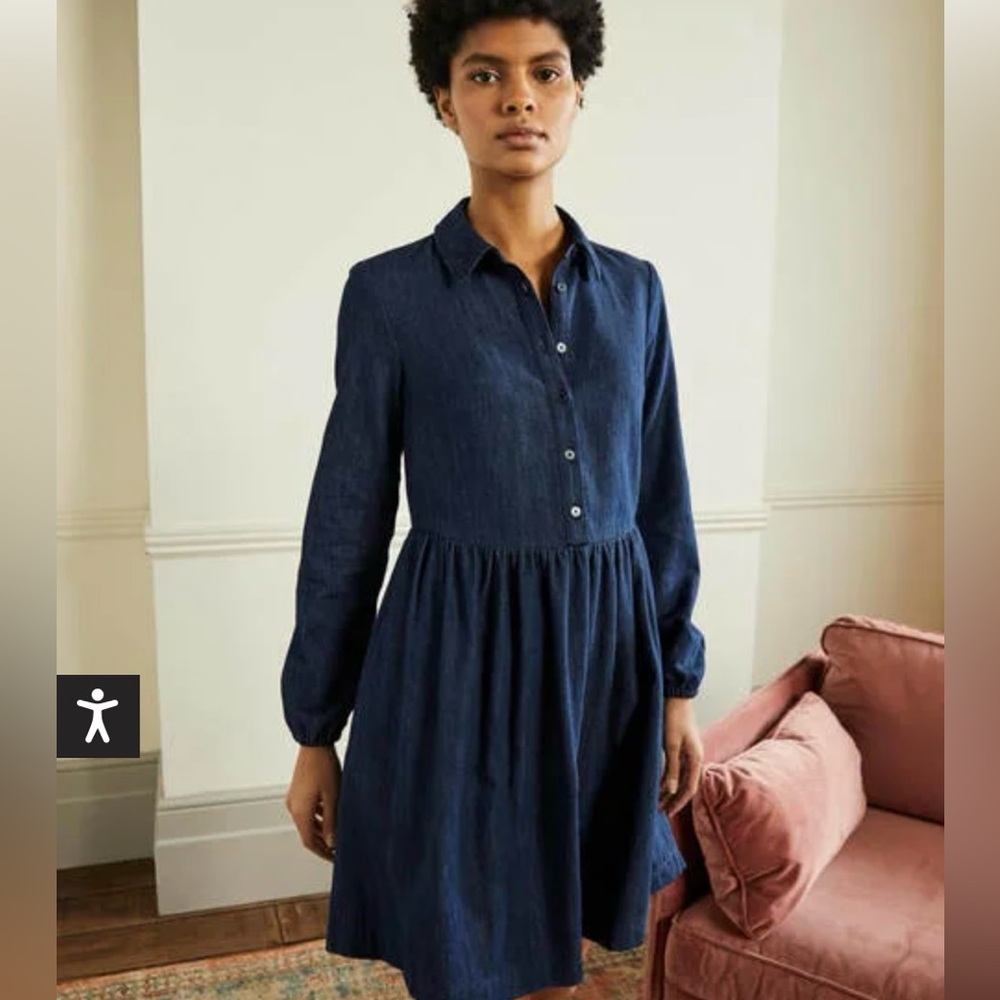 Boden Blue Buttoned Peplum Dress with Bishop Sleeves